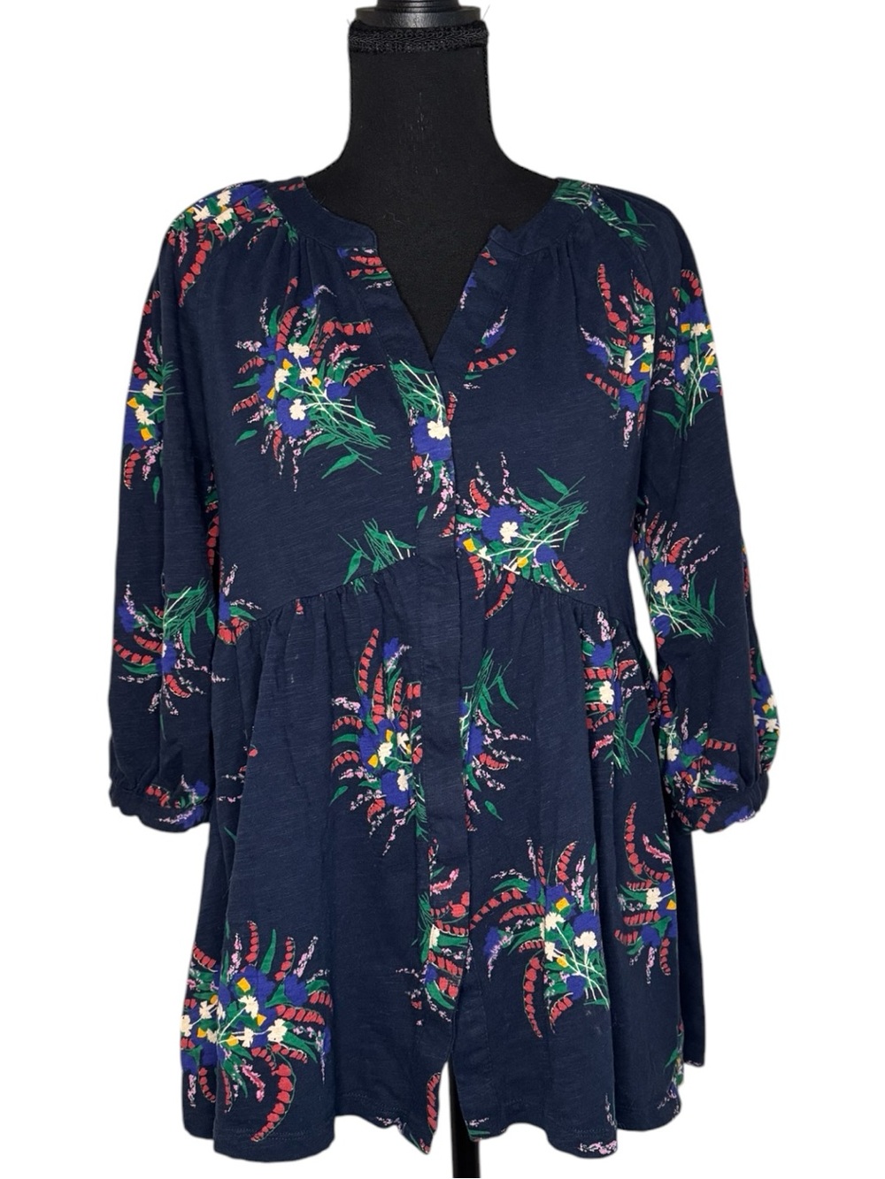 Anthropologie Maeve Navy Floral Top with Pink & Red Accents